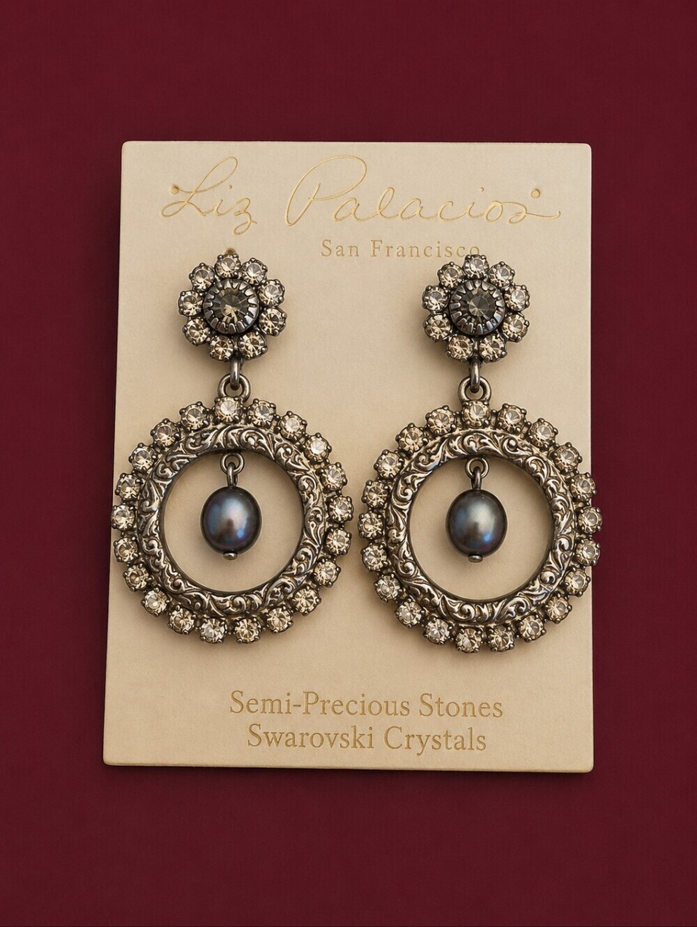 Vtg LIZ PALACIOS Swarovski Crystal Freshwater Pearl Circle Drop Post Earrings